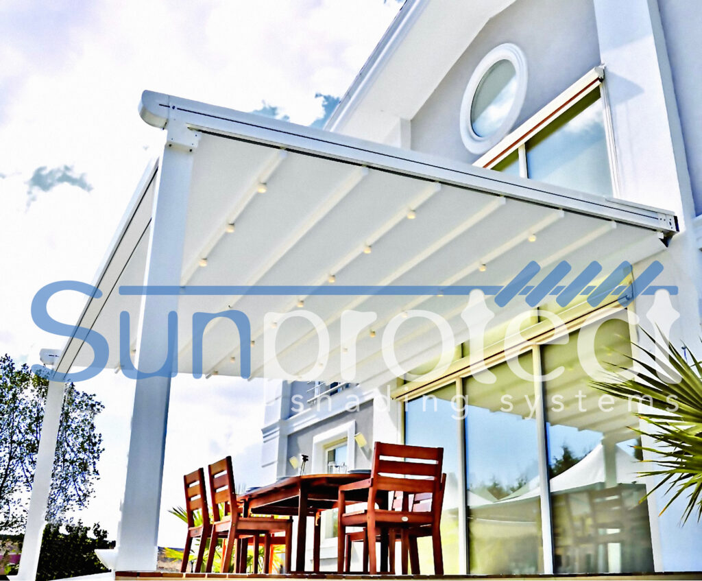 a white pergola by Sunprotect